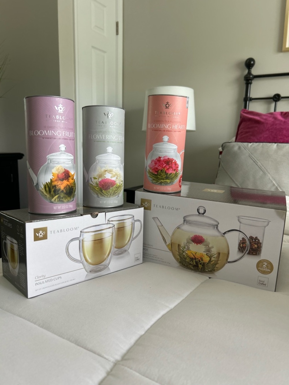 Teabloom Glass Teapot Set with Blooming Tea Canisters and Insulated Cups - Pink